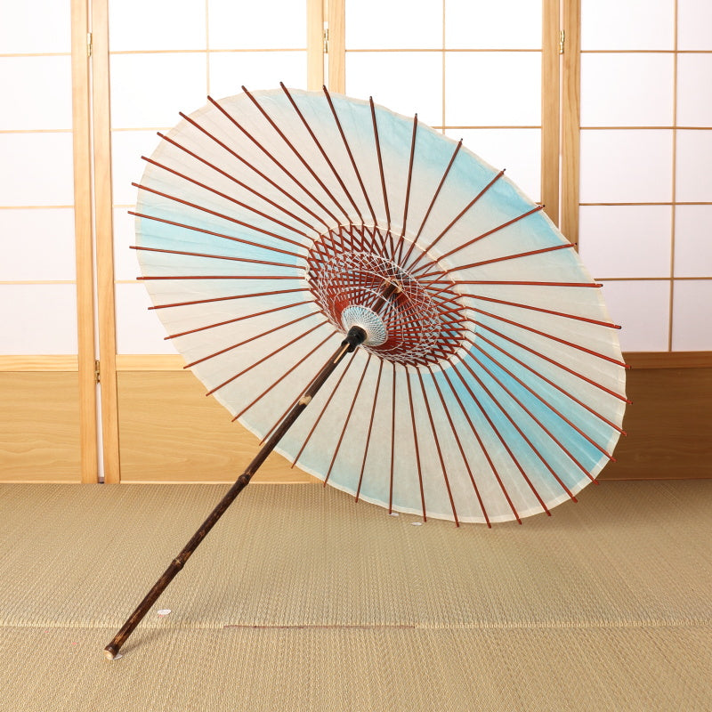 Black bamboo Japanese parasol "rainbow dyed" sky blue