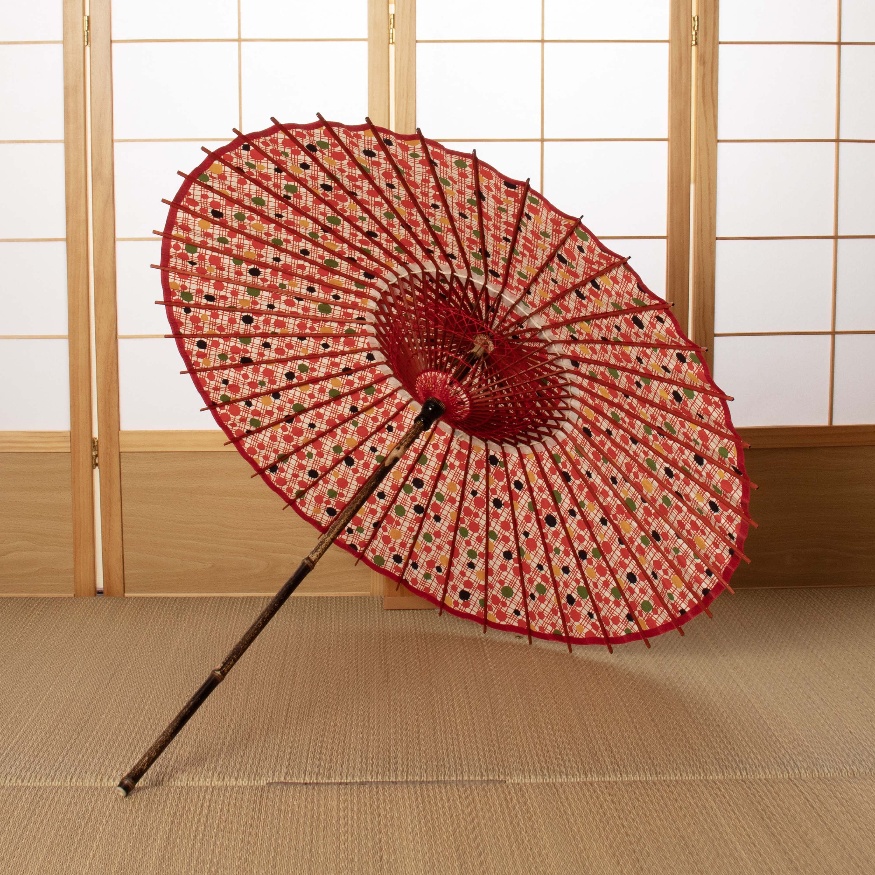 和日傘 『花ひらく』 水玉格子 赤